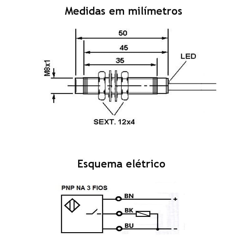 medidas-desenho-mecanico-sensor-indutivo-bhs-m8-nao-faceado-24v-pnp-1na-esquema-ligacao-eletrica