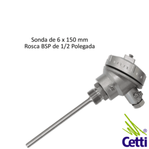 Cetti Materiais Elétricos 27 Sensor de Temperatura Termopar PT100 6x150 mm Rosca BSP 1/2” e Cabeçote
