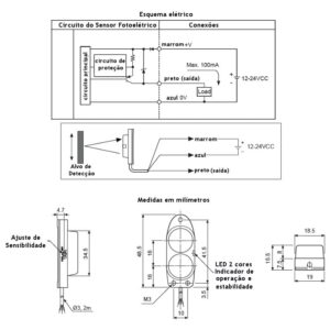 como-ligar-foto-sensor-pnp-1na-3fios-medidas-montagem-desenho-mecanico-sensor-fotoeletrico-autonics-ba2m-ddt-p