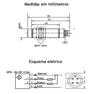 medidas-desenho-mecanico-sensor-indutivo-bhs-m18-nao-faceado-24v-1na-1nf-conector-traseiro-4fios-esquema-ligacao-eletrica