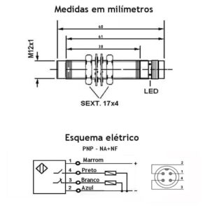 Cetti Materiais Elétricos 32 medidas-desenho-mecanico-sensor-indutivo-m12-nao-faceado-conector-traseiro-24v-pnp-1na-1nf-4fios-esquema-ligacao-eletrica
