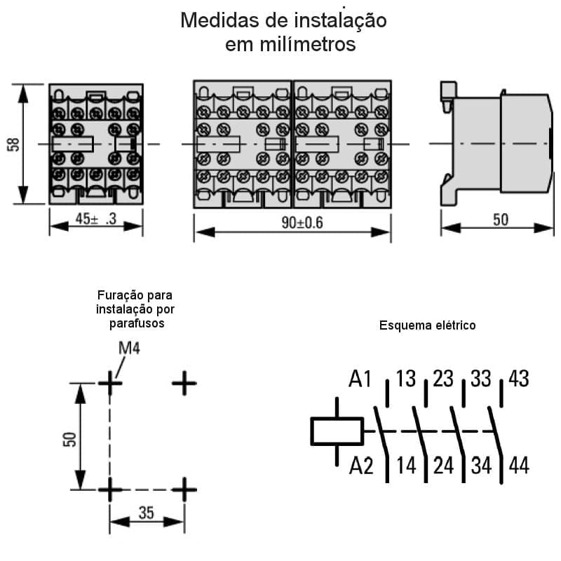 desenho-mecanico-medidas-montagem-mini-contator-auxiliar-diler-40-24vca-eaton desenho-mecanico-medidas-montagem-mini-contator-auxiliar-diler-40-24vca-eaton