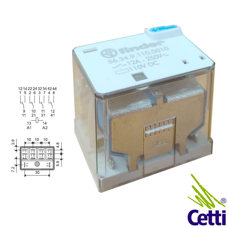 Relé Auxiliar 12A 110VCC 4NA-NF 14 Pinos Finder 56.34.9.110.0010 Relé Auxiliar 12A 110VCC 4NA-NF 14 Pinos Finder 56.34.9.110.0010