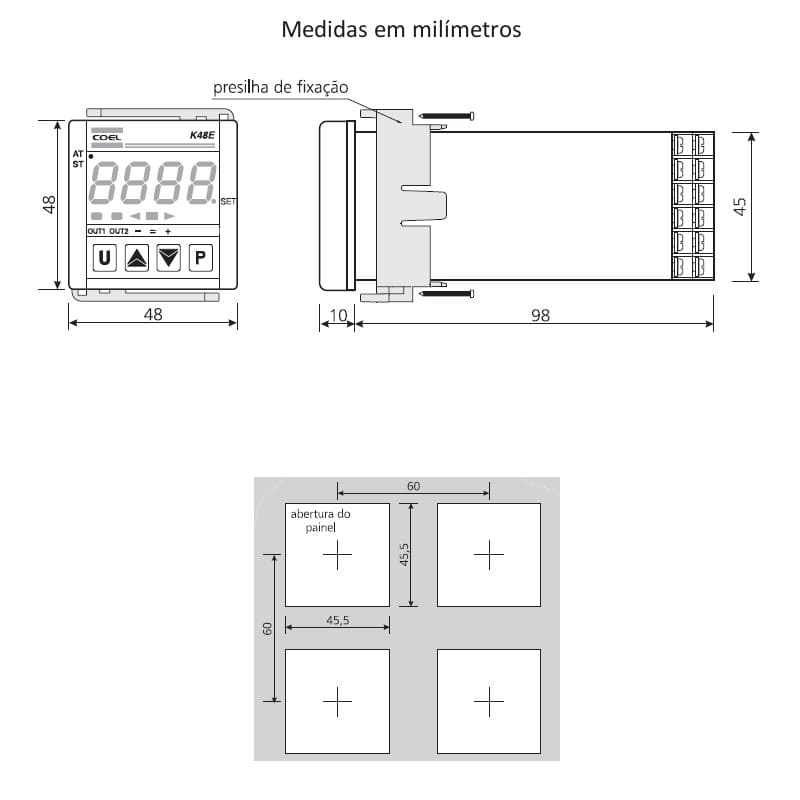 medidas-instalacao-desenho-mecanico-controlador-temperatura-digital-24vcc-vca-coel-k49e medidas-instalacao-desenho-mecanico-controlador-temperatura-digital-24vcc-vca-coel-k49e