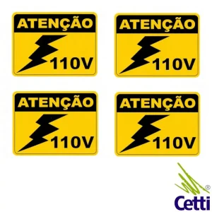 Etiqueta adesiva ATENÇÃO 110V 10x15cm fundo amarelo com sinal de raio – advertência de risco de choque elétrico