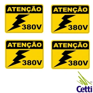 Etiqueta adesiva ATENÇÃO 380V 10x15cm fundo amarelo com sinal de raio – advertência de risco de choque elétrico