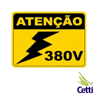 Etiqueta adesiva ATENÇÃO 380V 30x20cm fundo amarelo com sinal de raio – advertência de risco de choque elétrico
