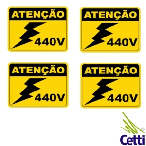 Etiqueta adesiva ATENÇÃO 440V 10x15cm fundo amarelo com sinal de raio – advertência de risco de choque elétrico