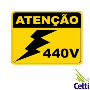 Etiqueta adesiva ATENÇÃO 440V 30x20cm fundo amarelo com sinal de raio – advertência de risco de choque elétrico