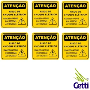 Etiqueta adesiva amarela 10x10 cm ATENÇÃO risco de choque elétrico com pictograma de raio e restrição de manuseio